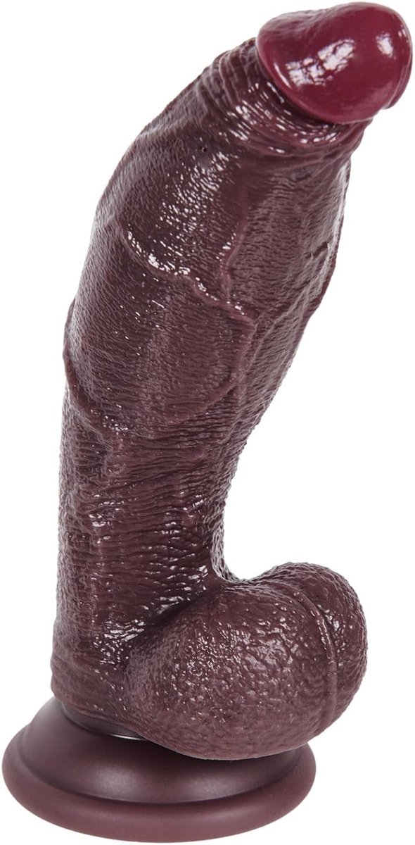 Realistische zwarte siliconen dildo van 18 cm met grote zuignap, gebogen ontwerp, realistische textuur, kleine eikel, geschikt voor anale en G-spot stimulatie, ideaal voor beginners