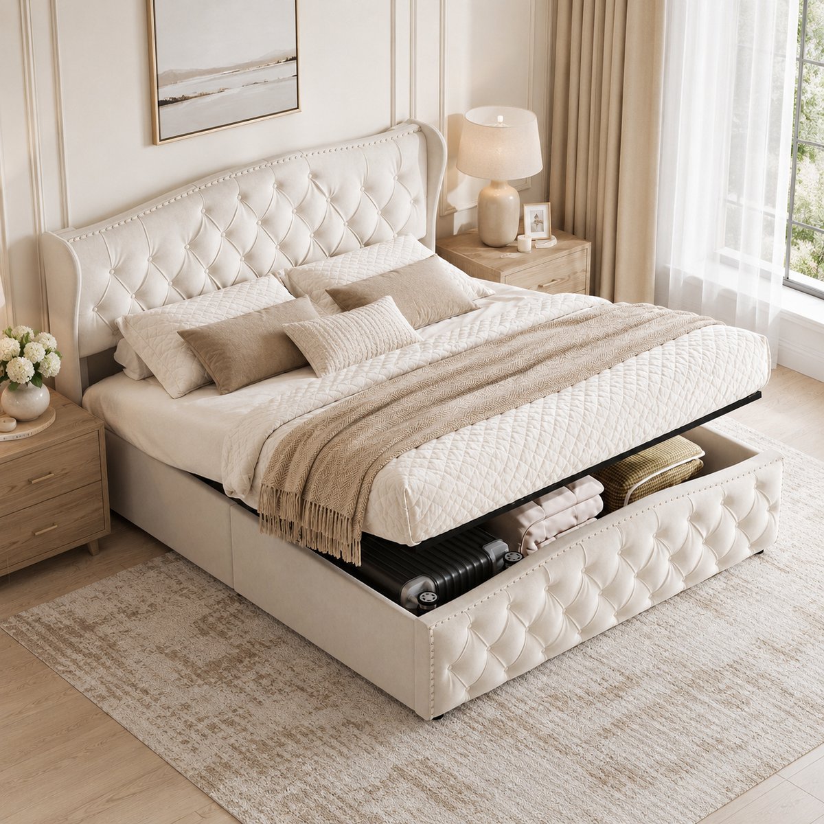 MEXUS Opbergbed 140x200 cm met hoofdbord en lattenbodem - In hoogte verstelbaar - Gestoffeerd Tweepersoonsbed - Bed met hydraulische opbergruimte onder het bed - met klinknagels - fluweel Beige