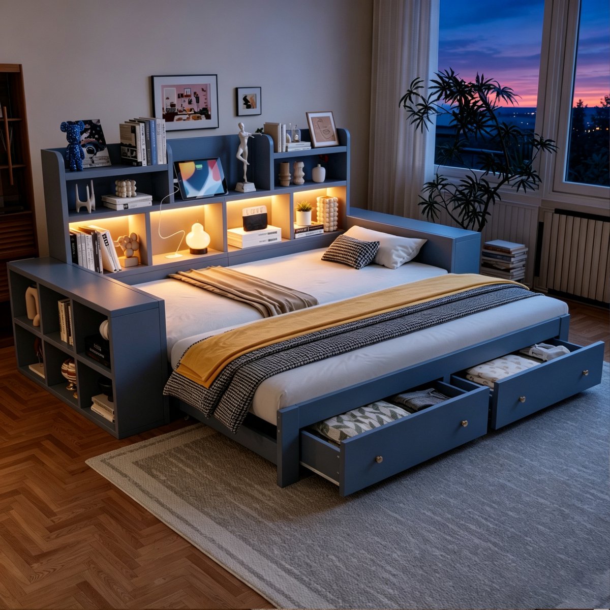 VVBV Slaapbank 2 Persoons 180x200 – Bedbank van MDF met Opbergruimte, Lades, Opbergvakken, LED-Verlichting en Stopcontact – Modern Design – Grijs