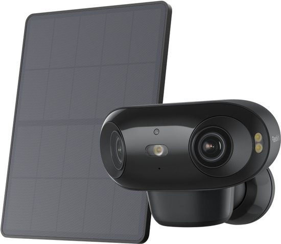 Zwarte beveiligingscamera met groothoeklens en zonnepaneel.
