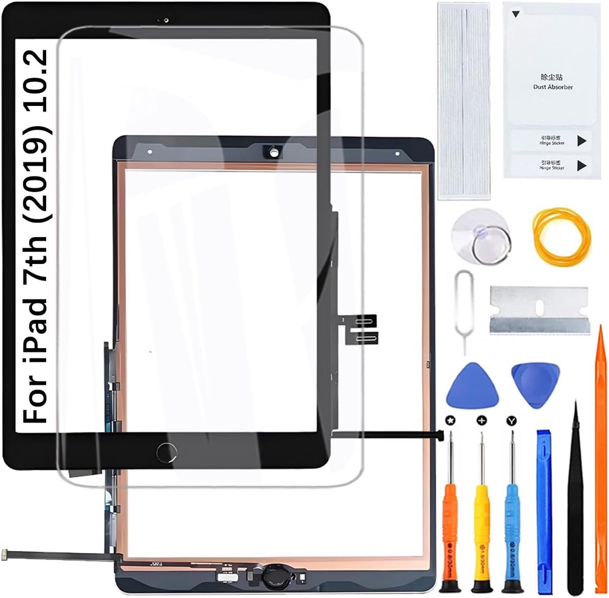 Touchscreen voor iPad 7e (2019) 10,2 inch A2197 A2200 A2198 touchscreen-digitaliseerapparaat, glazen scherm, vervangende montage met kit (zwart met home-knop, geen LCD)