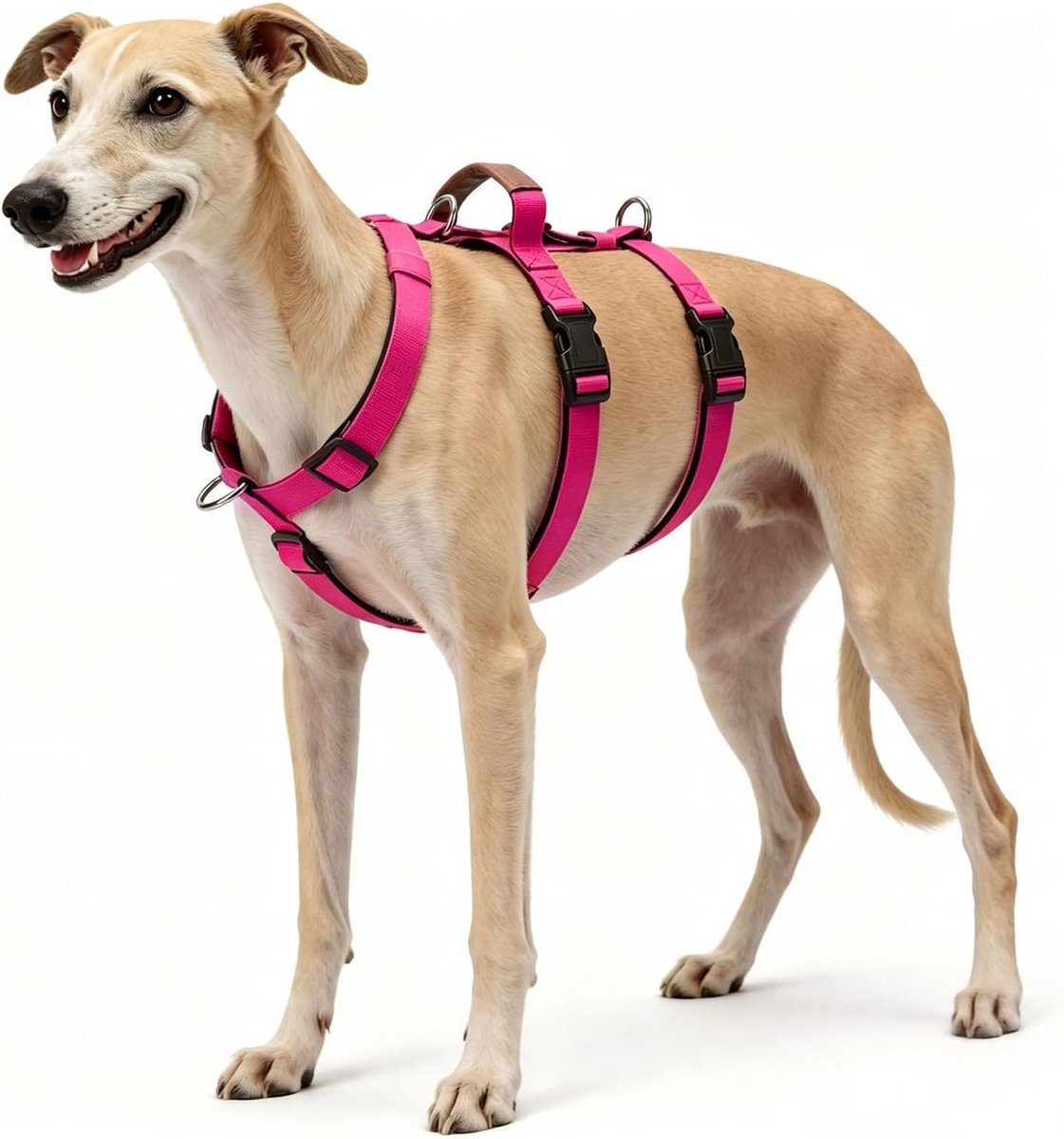 Hondentuigje, Anti-Trek Verstelbaar Veiligheidsharnas, 3-Punts Ontwerp met Handvat voor Middelgrote en Grote Honden, Wandelen en Hiking, Rose Pink, L