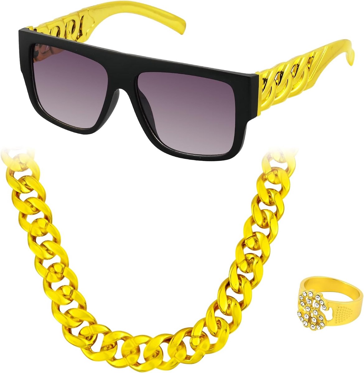 10-delige hiphop-kostuumaccessoireset, jaren 80, '90, rapperaccessoires, hiphop-kostuum, halsketting, dollarring, symbool, zonnebril, gouden set, voor carnaval, Halloween
