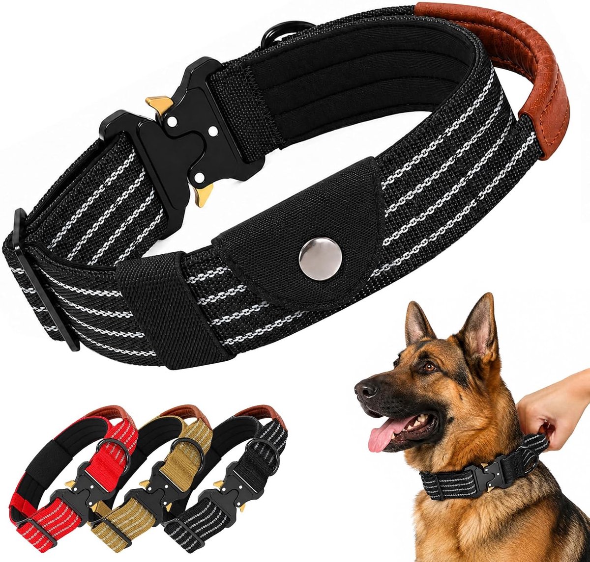 Hondenhalsband, verstelbare zwaar belastbare, reflecterende nylon halsbanden met metalen gesp en handgreep, zachte gewatteerde comfortabele duurzame halsbanden voor middelgrote en grote