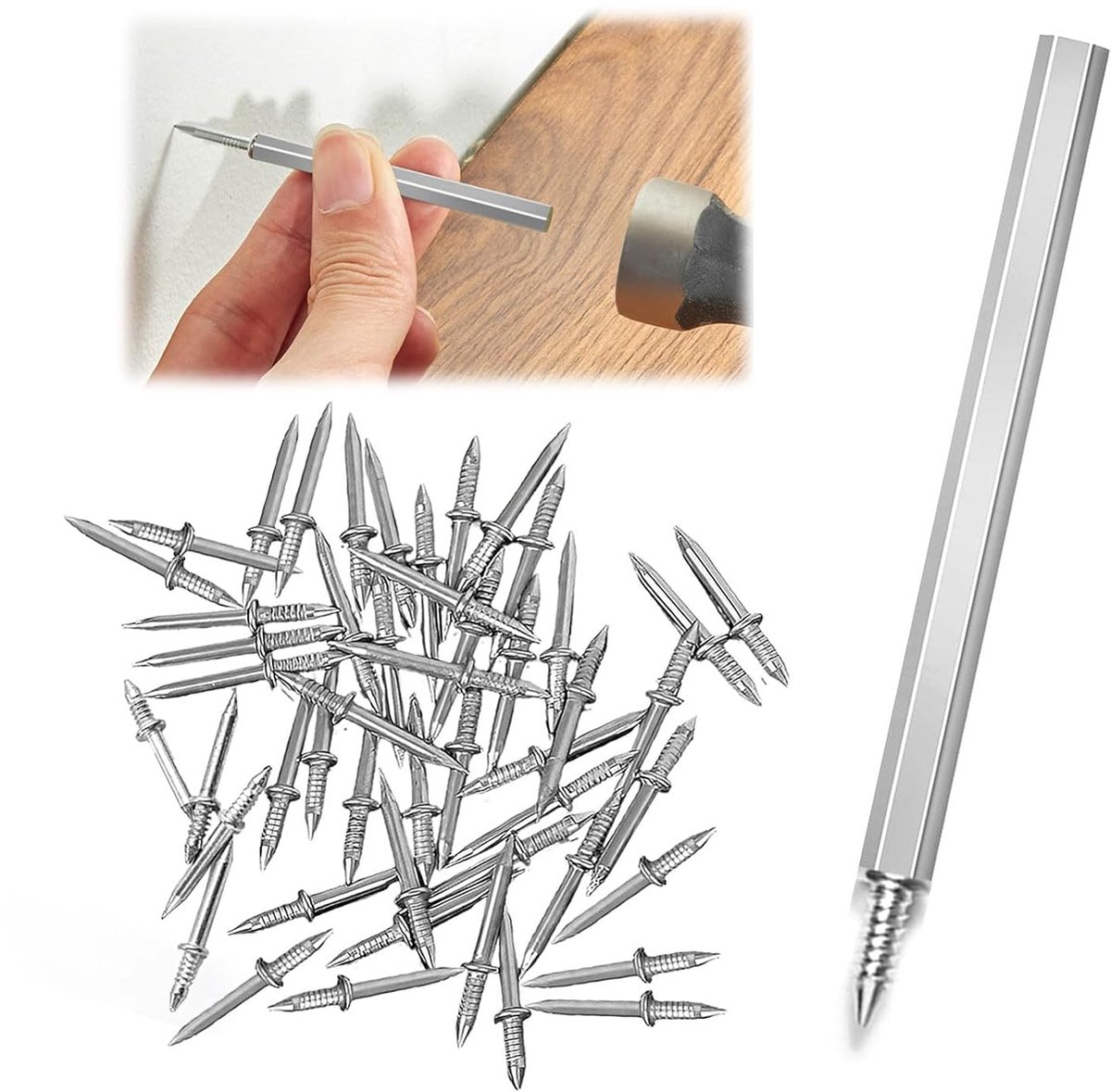 Dubbelzijdige Nagels - 100 Stuks - 3 cm - Met speciaal hulsgereedschap - Naadloze spijkers voor plinten - Plintnagels - Roestvrij - Koolstofstaal - Oppervlakteverzinkt - Zilver
