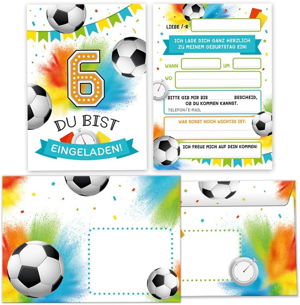 SnelShoppen - 12 Voetbal Uitnodigingen voor Kinderfeestje - 6e Verjaardag Jongens - Inclusief 12 Enveloppen - A6 Formaat - Hoogwaardige 300 g/m² Foto