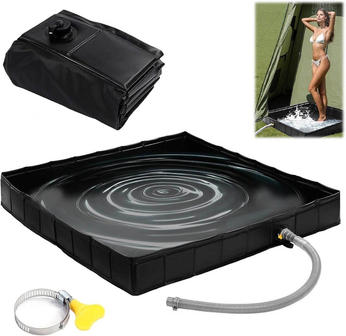 SnelShoppen - Opvouwbare Campingdouchebak 104x104x13 cm met Afvoerslang, Draagbare Douchebak voor Outdoor, Douchetent, Campers, Strand, PVC, Zwart