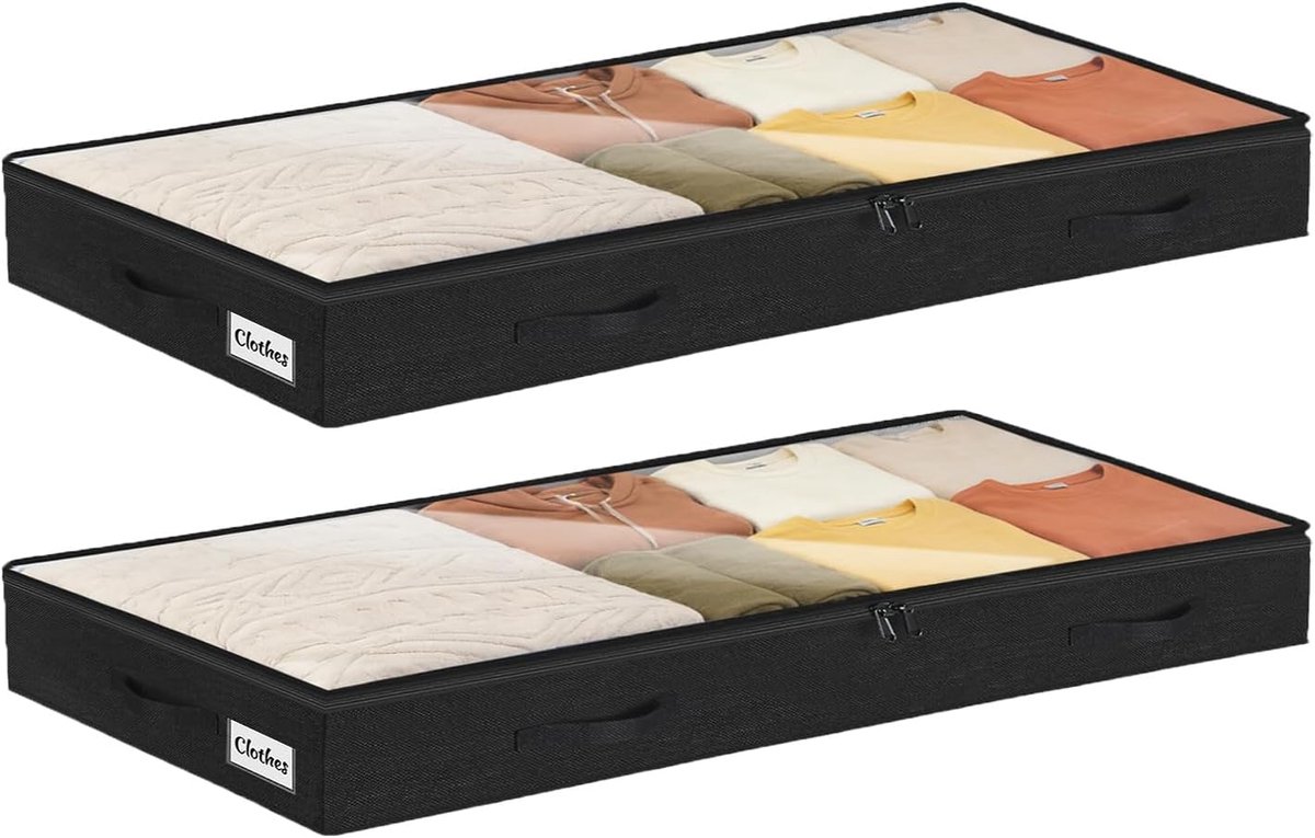 SnelShoppen - Onderbed Opbergbox 2 Stuks met Transparant Deksel, 10 cm Hoog, Duurzame Kledingopslag & Organisatie, Opvouwbaar met 4 Handgrepen & 2 Rit