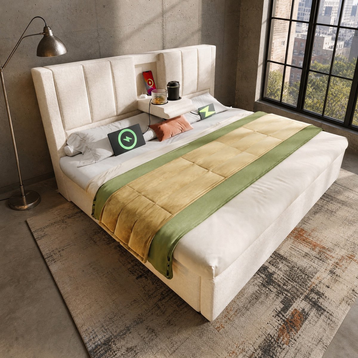WUVRIE Gestoffeerd bedframe 140x200 cm met hydraulische opbergruimte, laadstation en bekerhouders, beige