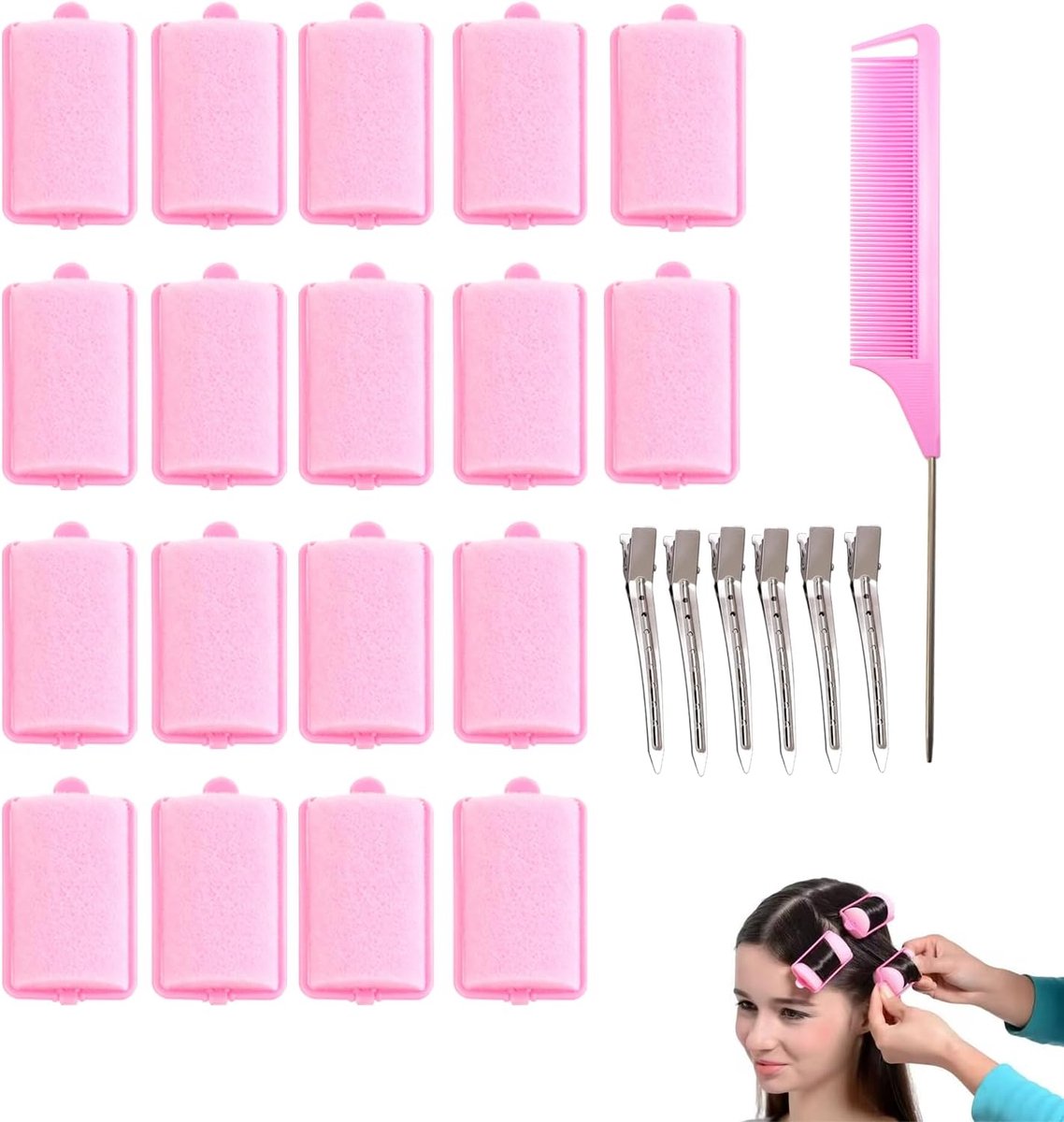 SnelShoppen - 18pcs Foam Curlers 4cm - Zachte Slaapkrullers voor Flexibele Haardstyling - Inclusief RVS Rat Tail Kam en 6 Klemmen voor Golven, Krullen