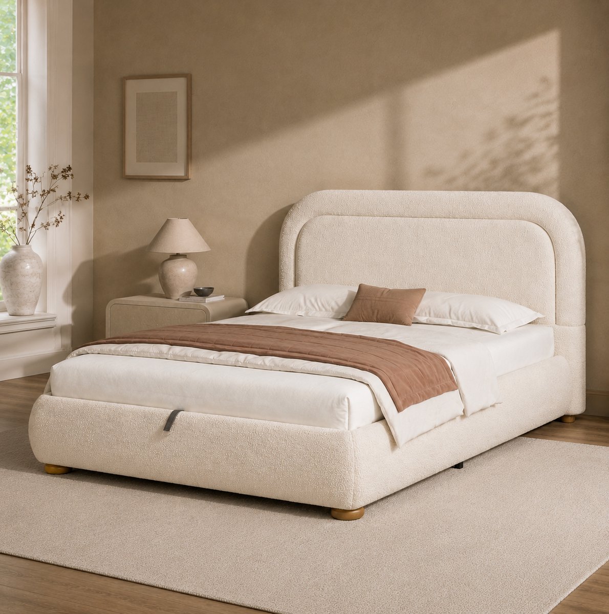 WUVRIE Tweepersoons opbergbed 140x190 cm met lattenbodem, hydraulische opbergruimte en bouclé, beige