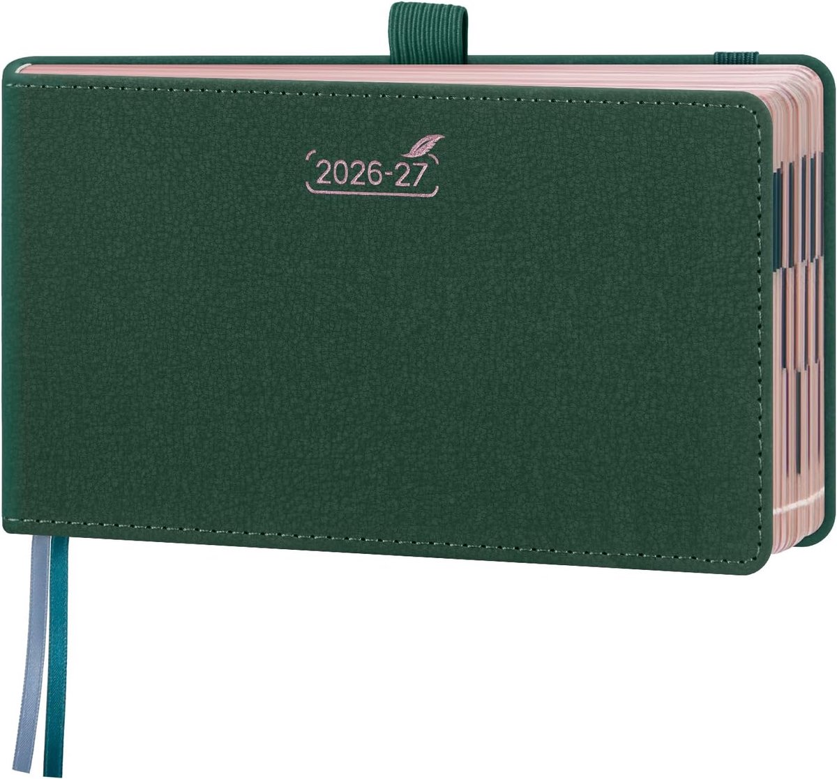 SnelShoppen - Pocketkalender 2026 2027 Klein Liggend 16.5 x 9 cm, Verticale Boekkalender met Weekplanner, 1 Week 2 Pagina's, Bosgroen met Rose Gold Pa