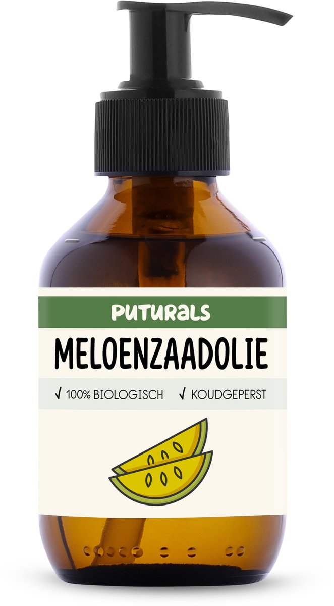 Puturals Kalahari Meloenzaadolie 100% Biologisch - 150 ml - Puur en Koudgeperst - Kalahari Meloenzaadolie Voor Huid, Haar en Lichaam - Rijk aan Essentiële Vetzuren, Antioxidanten en Vitamine E - Bruine Glazen Fles + Pomp