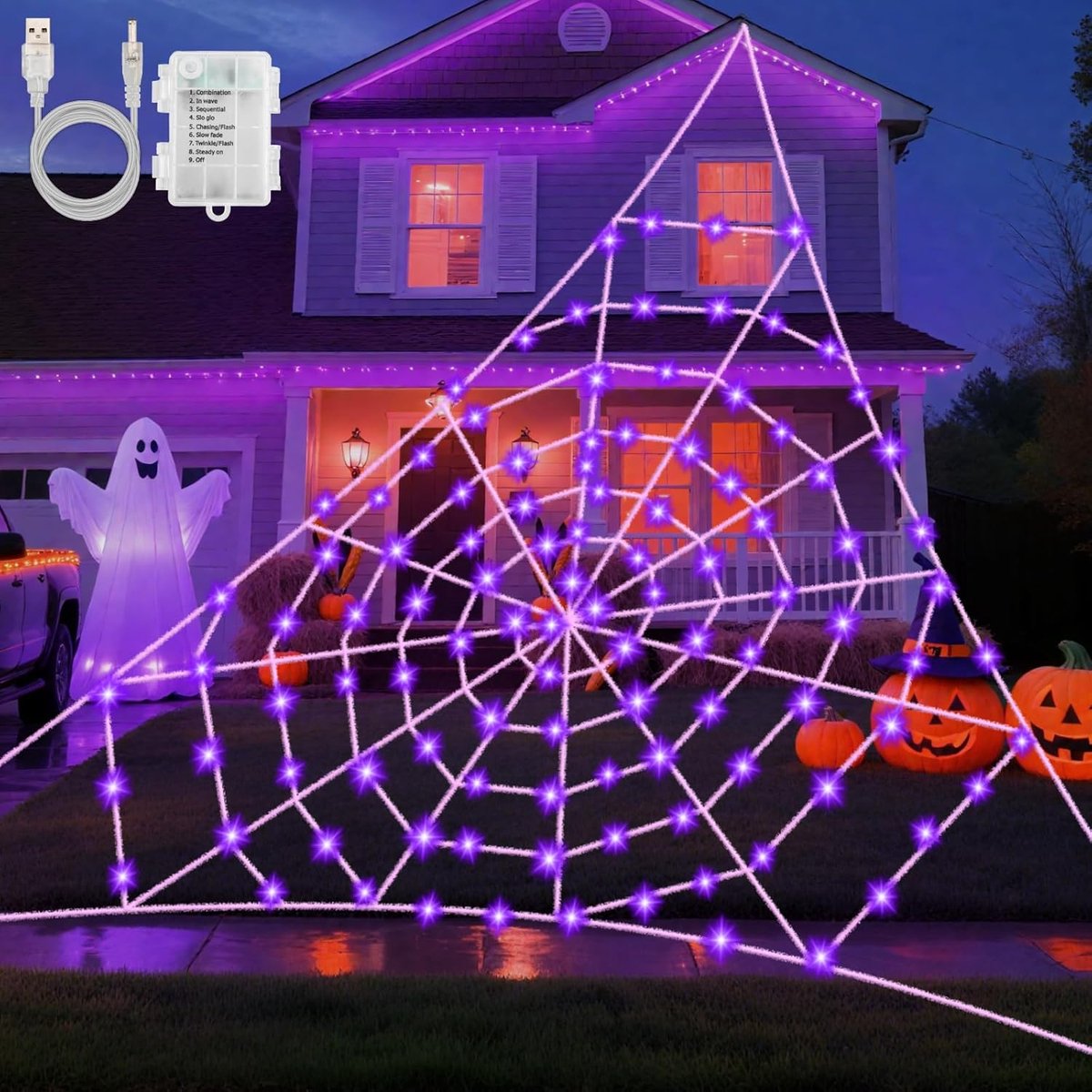 SnelShoppen - Halloween Spider Web String Lights 5x5M met 120 Paarse LED's, USB/Batterij, 8 Modi, Timer, Waterdicht voor Tuin, Binnen, Buiten, Haunted