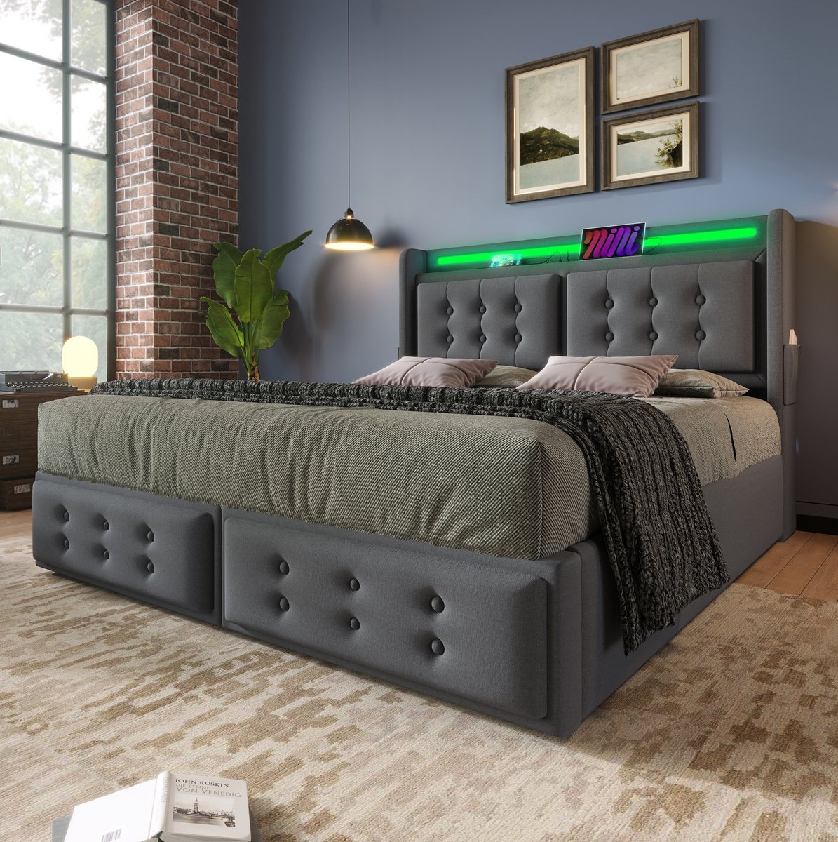 WUVRIE Tweepersoons opbergbed 180x200 cm met LED, USB-C, lattenbodem en laadfunctie, grijs, zonder matras