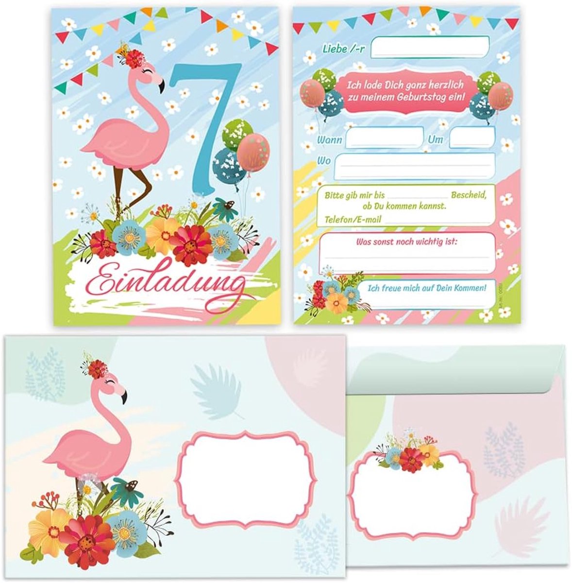 uitnodigingskaarten 12 stuks - voor 7e verjaardag meisje - flamingo ontwerp - inclusief enveloppen - ShopVlot