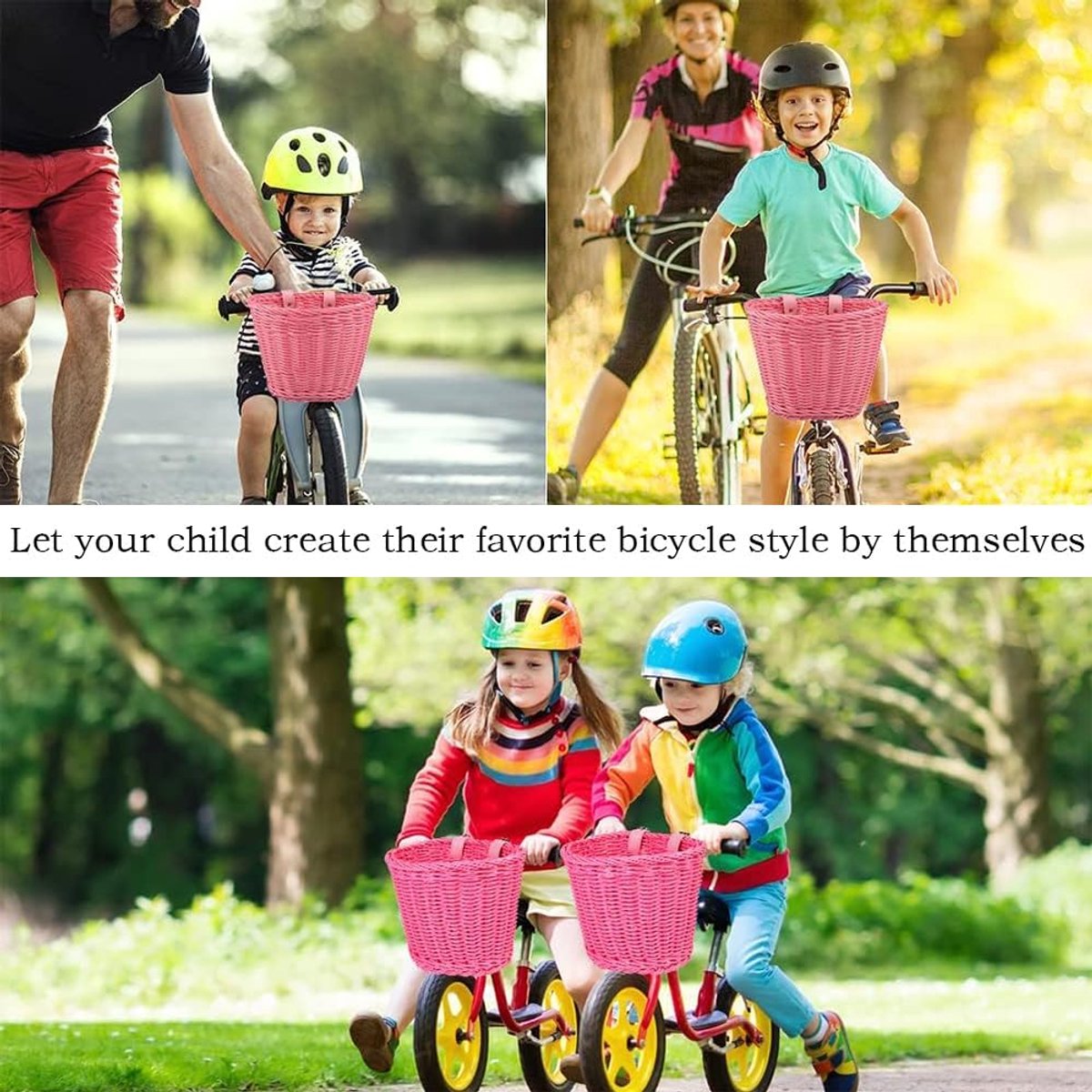 SnelShoppen - Fietsmand voor jongens en meisjes, wilgentenen met leren band, belslangen, stickers, accessoires voor fiets, kinderfiets, buitenactivite