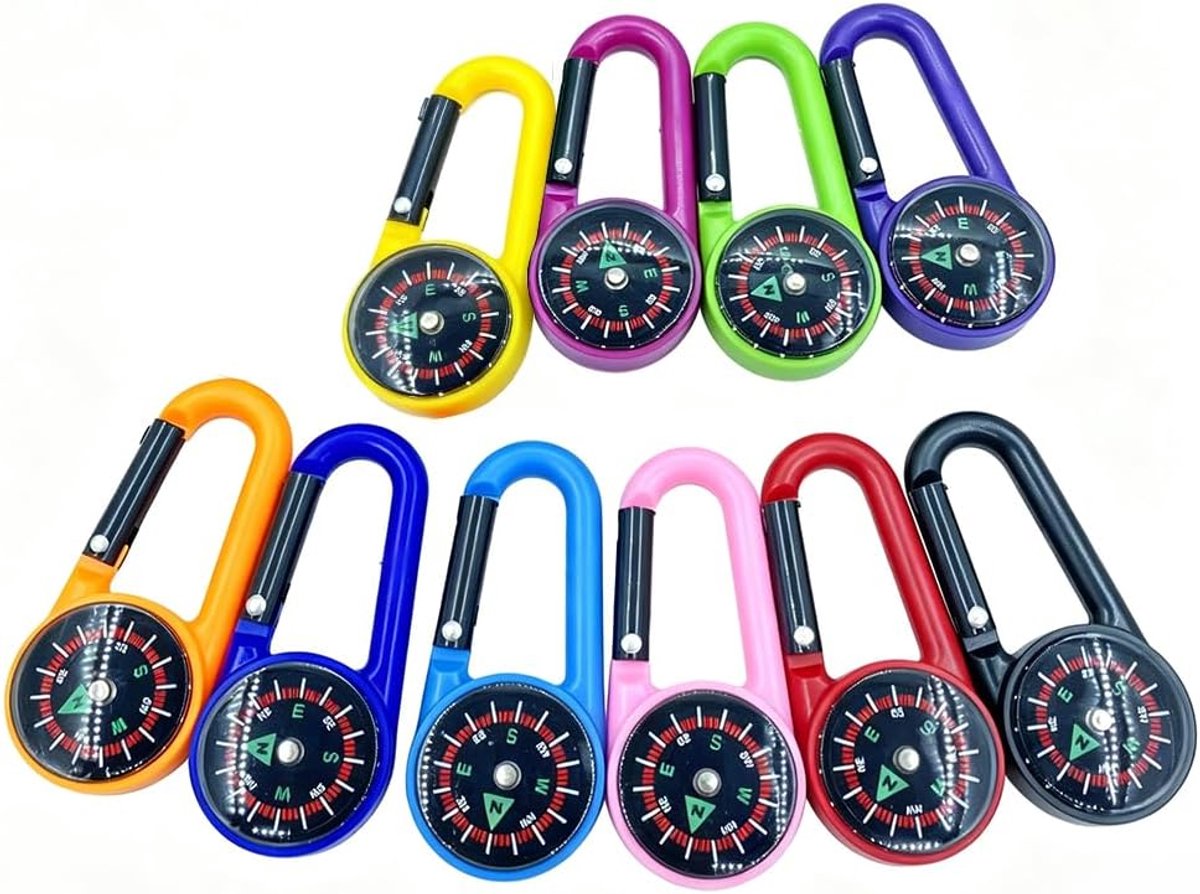 SnelShoppen - 10 Pcs Mini Kompas Set met Kleurige Karabijnhaak Sleutelhanger voor Buiten, Kamperen, Wandelen, Kinderen, Gezellige Cadeaus, Rugzak Pend