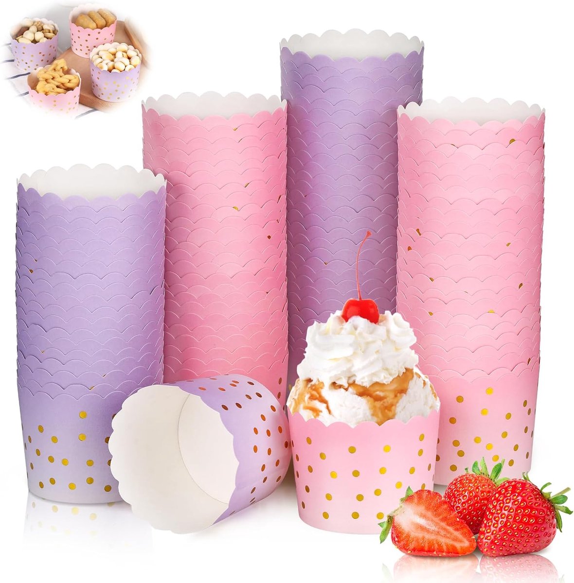 SnelShoppen - Pack van 100 Papieren Muffinvormen 70 x 55 mm, Elegante Cupcake Mallen in Paars en Roze, Mini Muffins, Cardboard IJscoupes voor Bruiloft