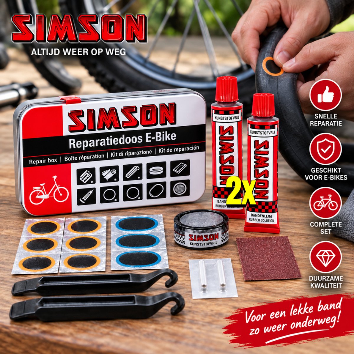 Bandenreparatieset - Extra tube lijm - Simson E-bike Reparatiedoos – Fietsband Lekzoeker – Inclusief Handschoenen & Bandenlichters thumbnail 2