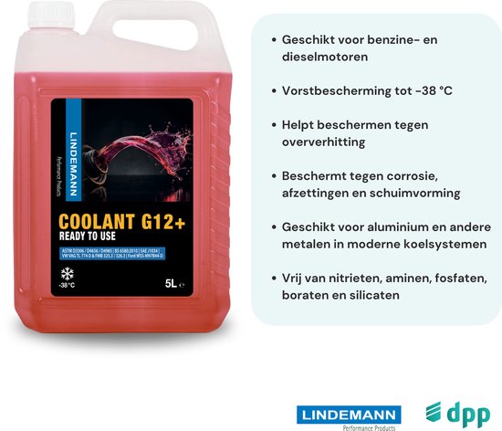 Een rode 5L kan Lindemann Coolant G12+ met tekst en icoontjes ernaast.