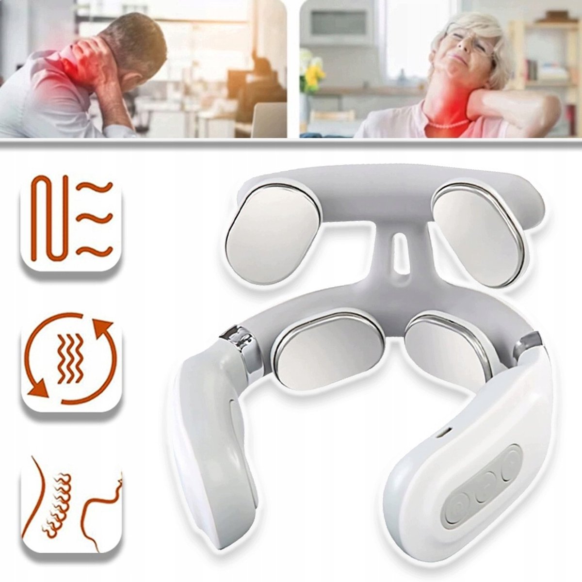 EMS Nekmassageapparaat Met 6 Standen, 16 Intensiteiten En Verwarming – 4 Loodvrije Elektroden En Spraakbegeleiding – USB Oplaadbaar 700mAh – Wit
