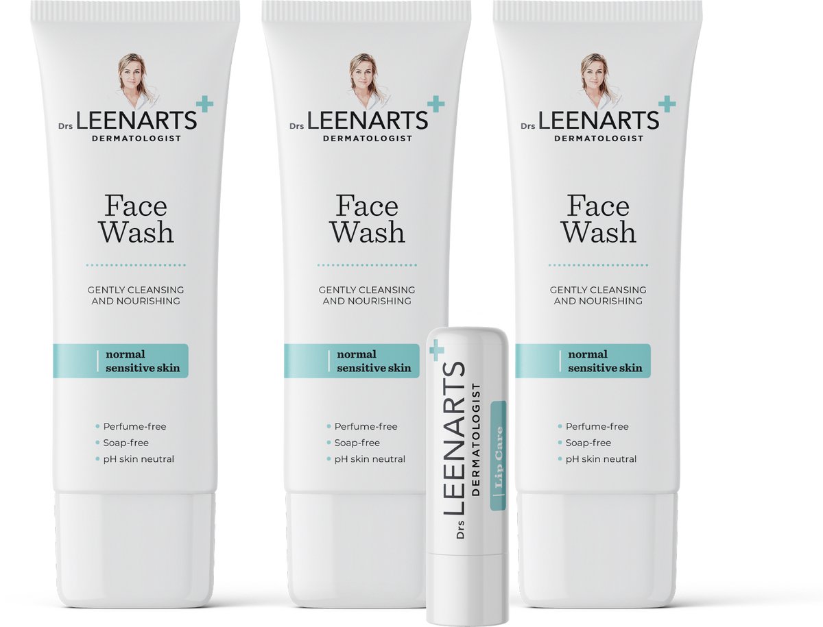 Drs Leenarts Gezichtsreiniger – Parfum- & Zeepvrij, pH-Huidneutraal – 3x 100 ml Face wash met 1 lipbalm