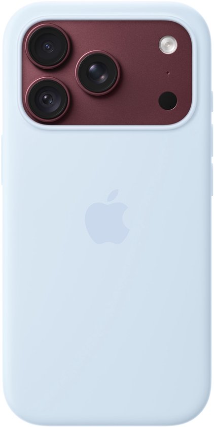 Frisblauw Apple Siliconenhoesje met MagSafe voor iPhone 18 Pro, met een bruinrood camera-eiland.