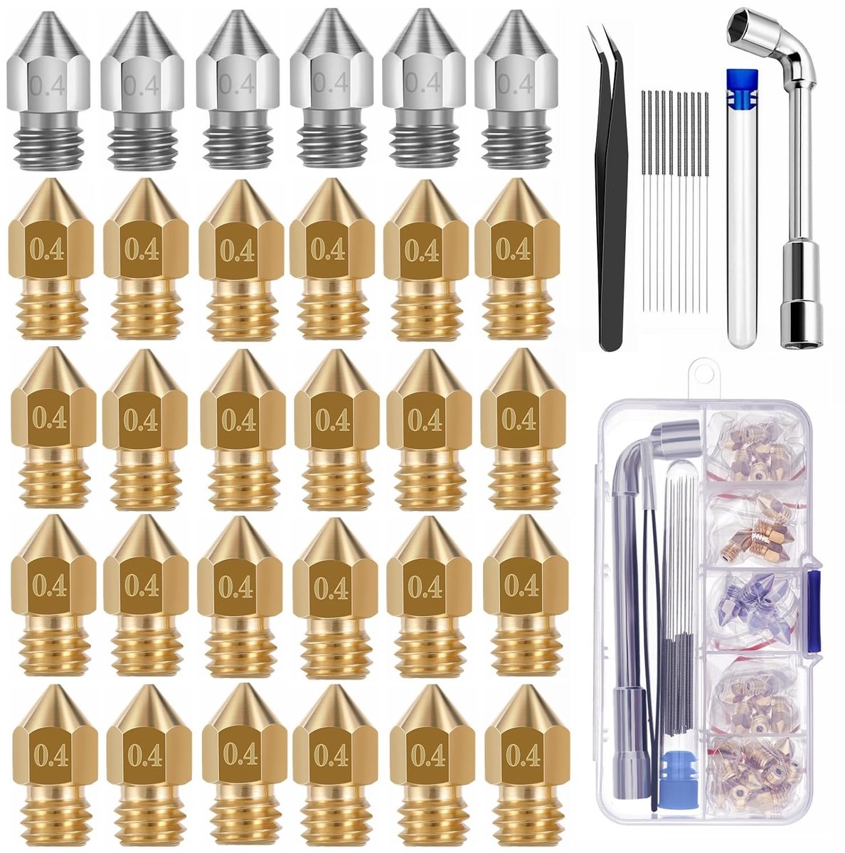 30 stuks mondstukken, 0,4 mm mondstukken, 3D-printer messing, roestvrij stalen hot-end-sproeiers met voor Creality Ender 3 V2 /Ender 3/Ender 3 Pro/Ender 3 Max/Ender 5 Pro, 3 S1/3 Neo/CR 10-serie