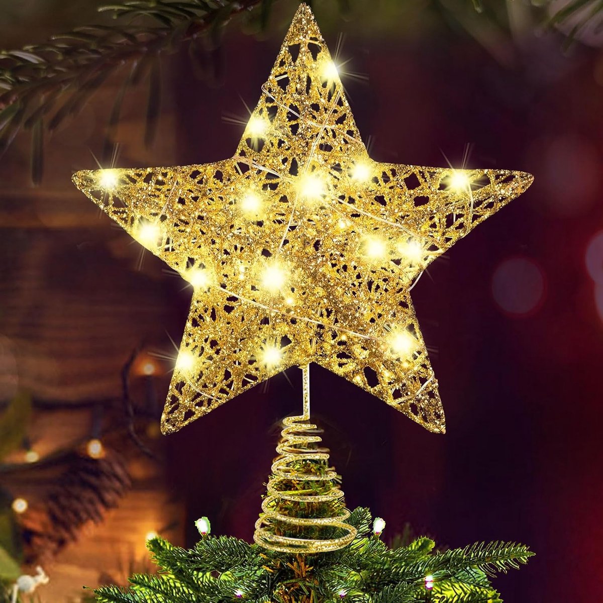 Gouden Kerstboom Ster, Verlichte Boomdecoratie Ster, Klassiek, Goud, 22.7 cm x 17.5 cm, Kerstmis