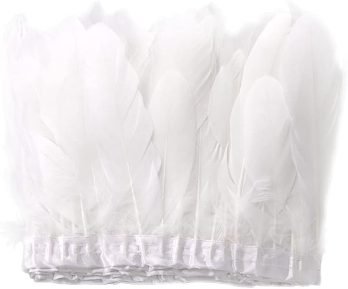 2 m veren, fringen, trim, ganzenveren, strepen, franjes met satijnen lint, veerband, veer, franjes, 15-20 cm breed, voor naaien, knutselen, decoratie, wit
