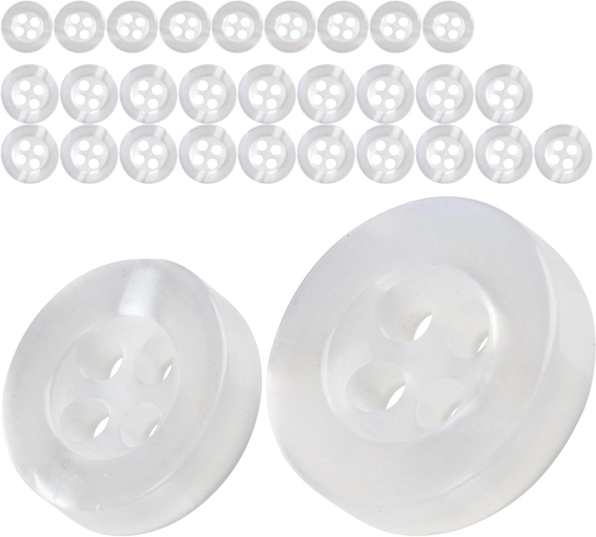 Knopenset voor overhemden en blouses, 30 stuks, 4 gaten, Ø 11 + 8 mm, transparant, van hars, maat 18L + 14L, harsknopen voor jas, mantel, hemd, blouse, poloshirt, doe-het-zelf knoop kunsthars,