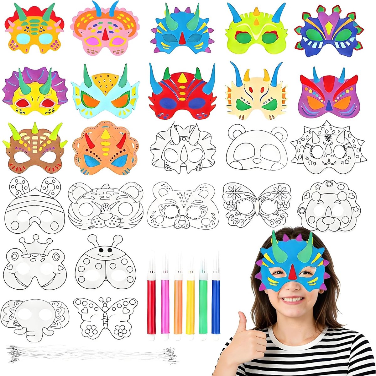 24 stuks maskers om te beschilderen, dierenmaskers, dino-maskers, ondersteunt handgetekende designs, geschikt voor verjaardagsfeesten, kostuumfeesten