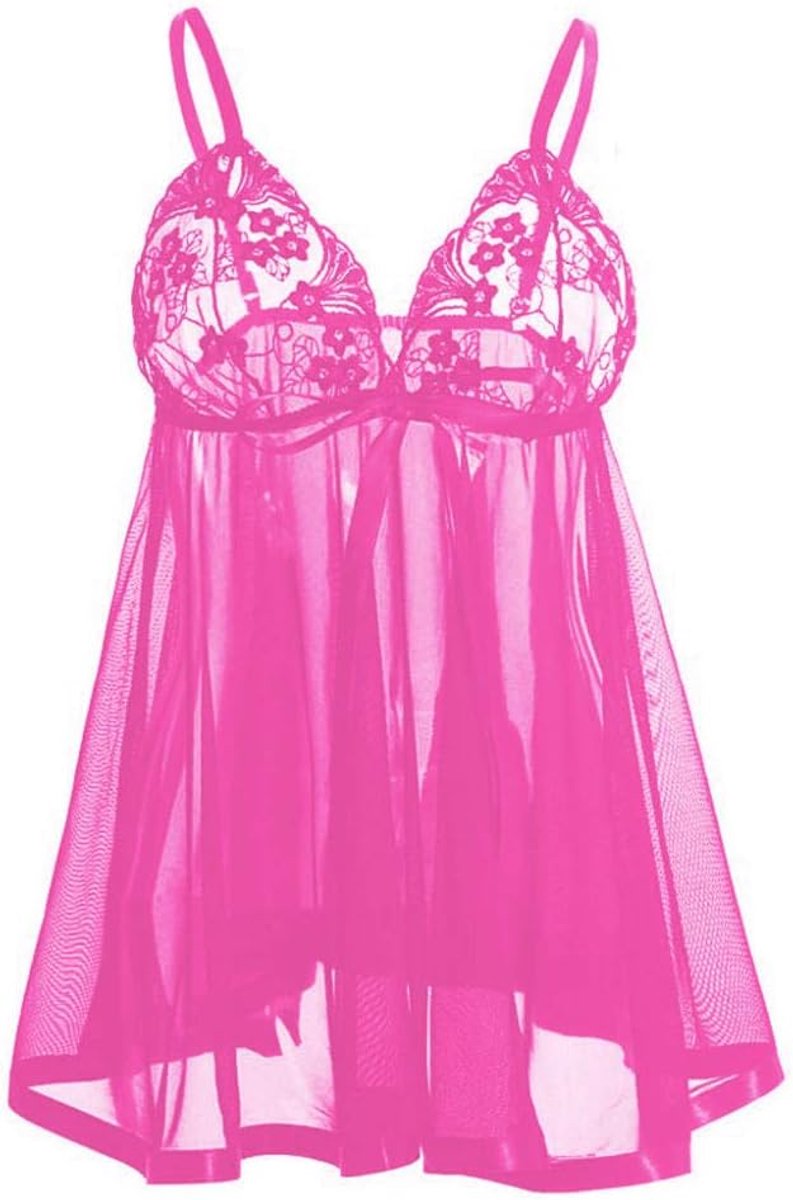 Klassiek Bh set Jarretellegordel en Kous LingerieKant Sexy Lingerie Jurk Vrouwen Homewear Nachtjurken + G-string Sexy Nachtkleding Nachtkleding Erotische Nachthemd Ondergoed-Hot_Pink_3XL