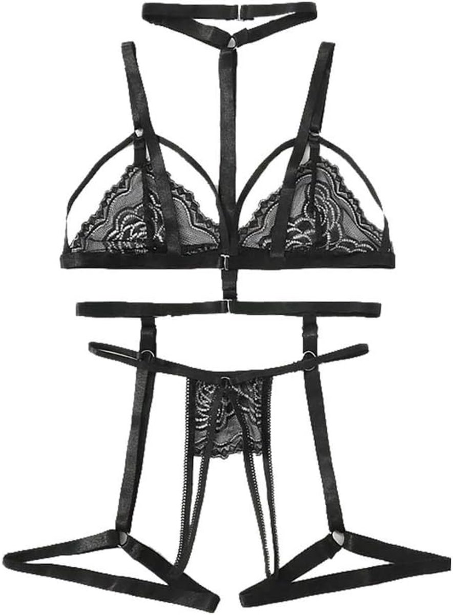 Bodystockings dames Plus Size Dames Ondergoed Sexy Erotische Lingerie See Through Hollow Out Lace Bra String Kousenband Nachtkleding Kostuum