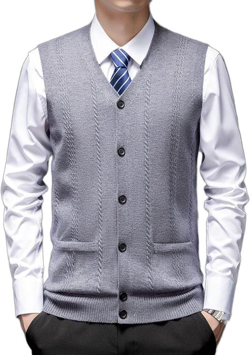 Vest Voor Heren Met V-Hals, Jeugdmode Jacquard Gebreid Vest Bovenkleding Casual Trendy Trui, Klassiek Zakelijk Heren Gebreide Vest Trui Vest Tanktops, Middengrijs, S