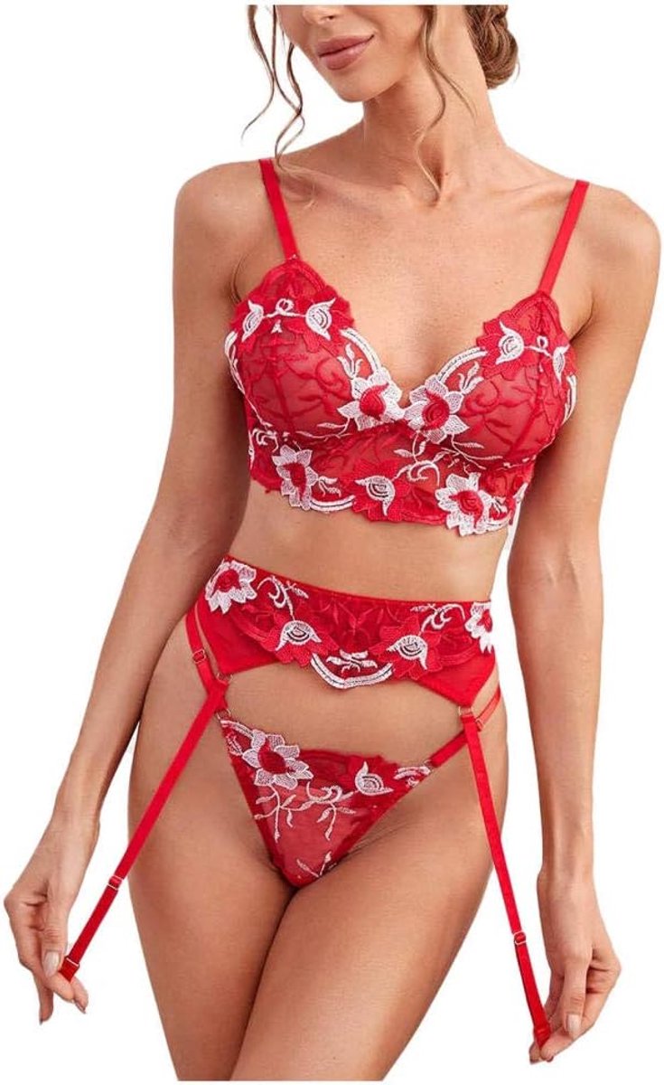 Dames Dames Ondergoed Beha Slips Kousenband Nachtkleding Transparant Kant Sexy Kostuum Borduurwerk-red_M