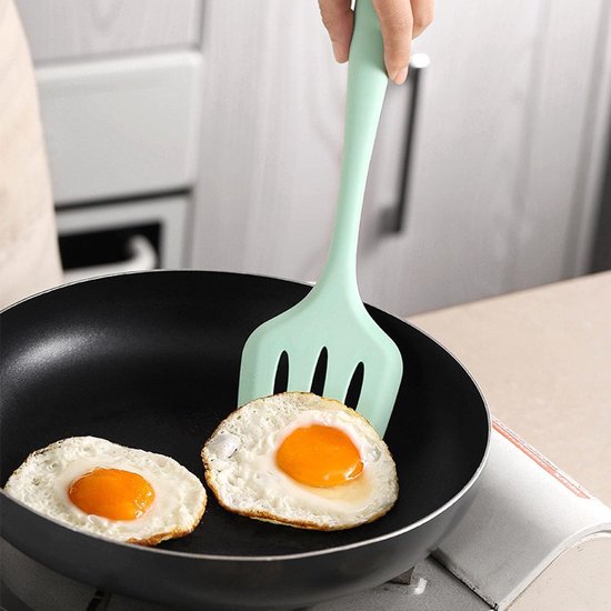 1 x spatel van siliconen, sleuf en solide design, extra lang en anti-aanbaklaag, voor het draaien, persen en koken van vis, eieren, pannenkoeken (groen) — afbeelding 3