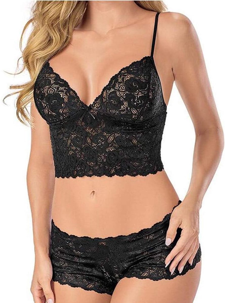 2 ST Vrouwen Kostuums Erotische Ondergoed Kanten Beha Slips Perspectief Nachtkleding Sexy Dames Set-Black_XL