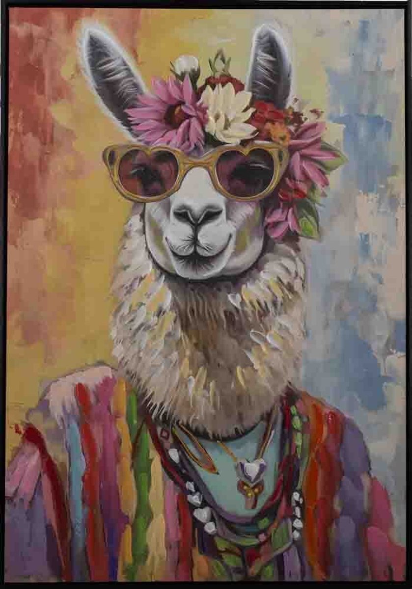 Schilderij 70s lama bloemenkrans 70x100cm