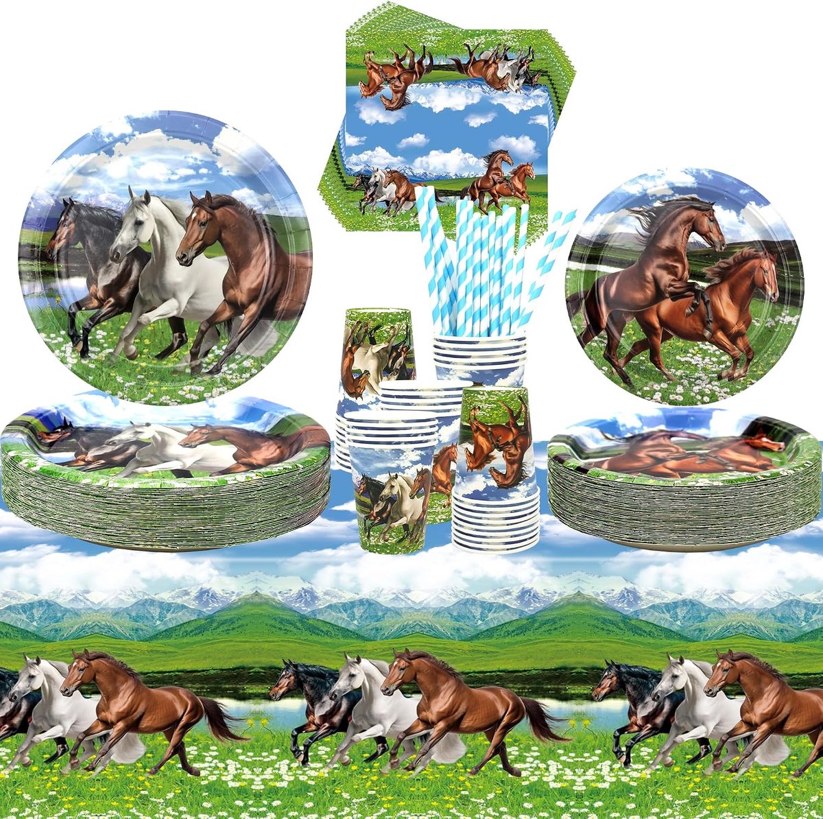 Feestartikelen voor paarden - Serveert 40, Paardenfeest Servies - Dinerborden Desserts Borden Bekers Servetten Tafelhoes Rietjes voor Paardenraces, Cowboy, Westerse Jongen, Verjaardagsfeestartikelen