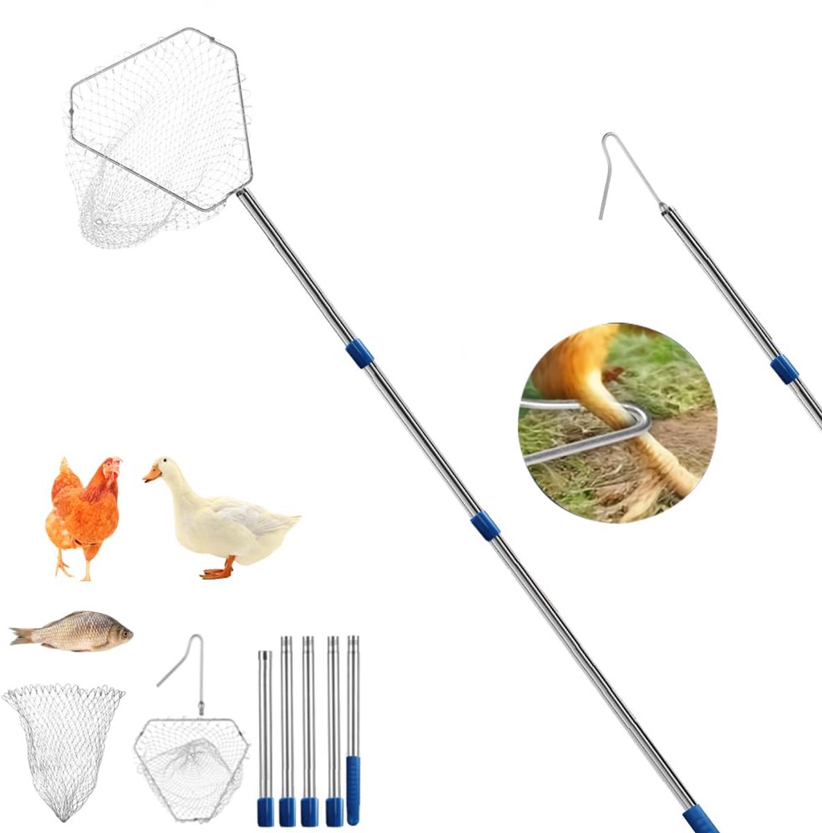 Instelbaar 99-198 cm beenhaken en vangnet, set met een verwisselbaar net, kippengaas, pluimveehouders, voor het vangen van eendenkuikens, ganzen, vogels, vleermuizen