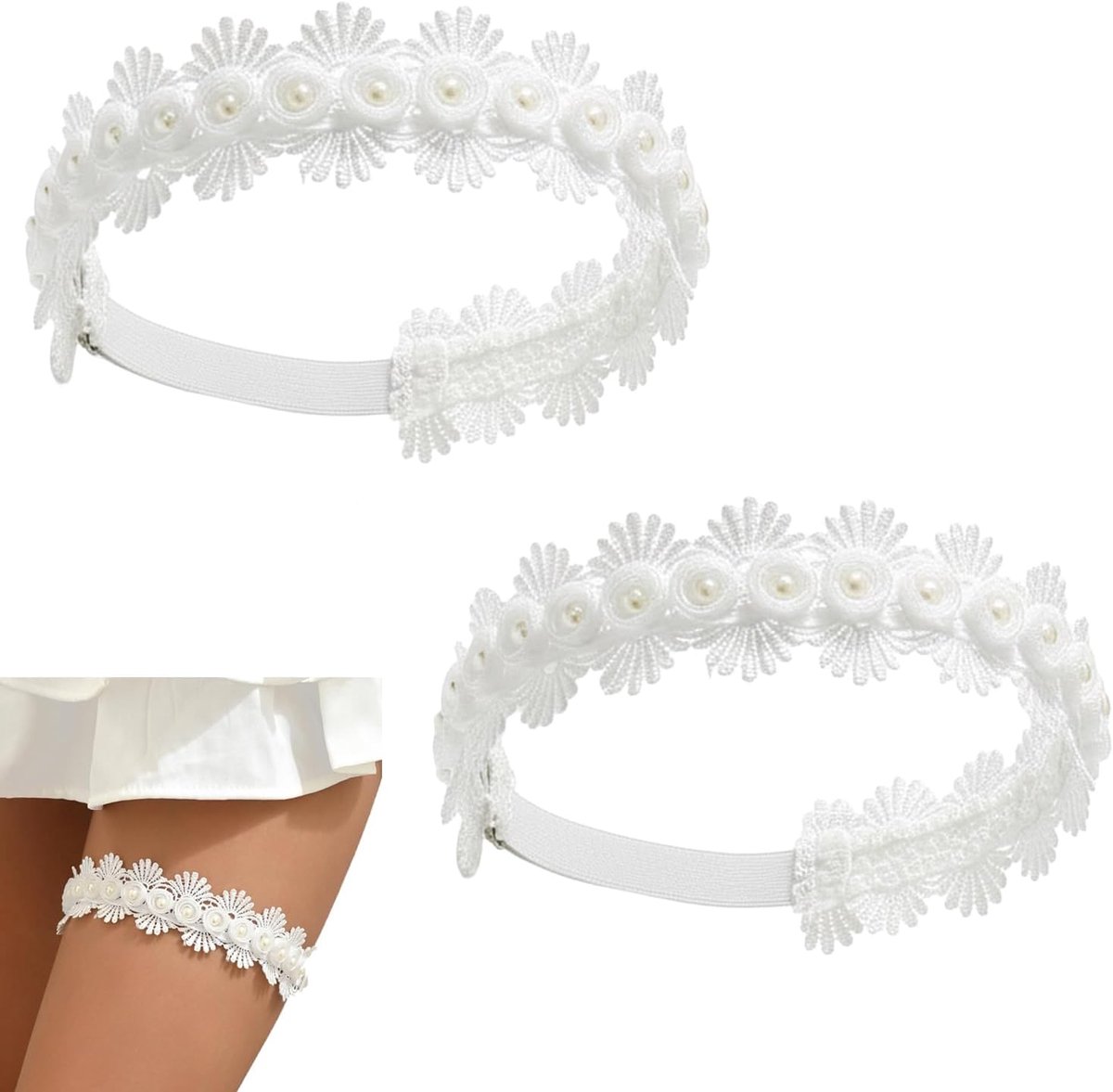 Bruidskousenband voor Bruid, 2 Stuks Kant en Parel Kousenband Set, Elegante Elastische Kousenband voor Dames, Witte Bruiloft Accessoires