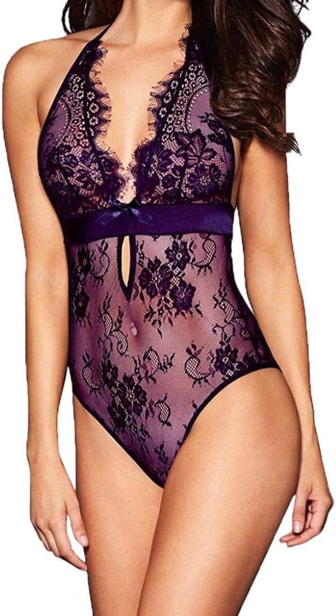 Sexy Diepe V-hals Lingerie Vrouwen Sheer Bodysuit Ondergoed Kant Backless set-Morado_XL