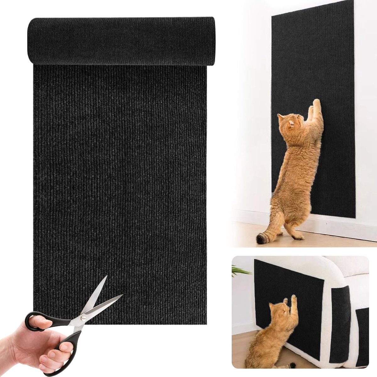Krabmat voor katten, zelfklevend, 200 x 30 cm, krabtapijt, kat, verdikte katten, krabmat, muur, doe-het-zelf, trimbaar kattentapijt, kattenkrabmatten voor krabwand, bank, meubels, zwart