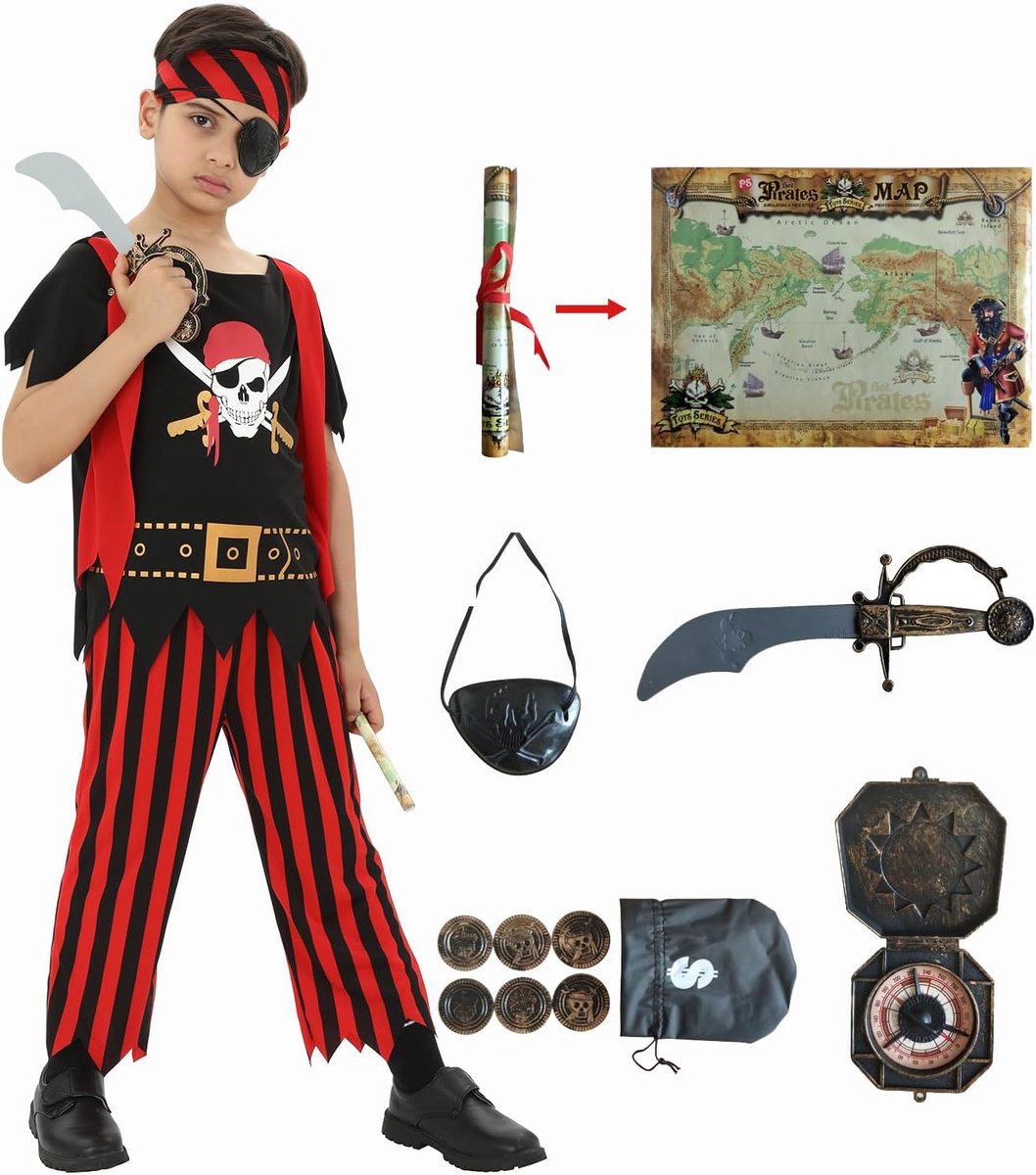Piraten kostuum, Deluxe piraat cosplay dress up set voor jongens, luxe piraat prinses jurk voor meisjes, piraat kostuum met accessoires voor kinderen 3-10 jaar oud