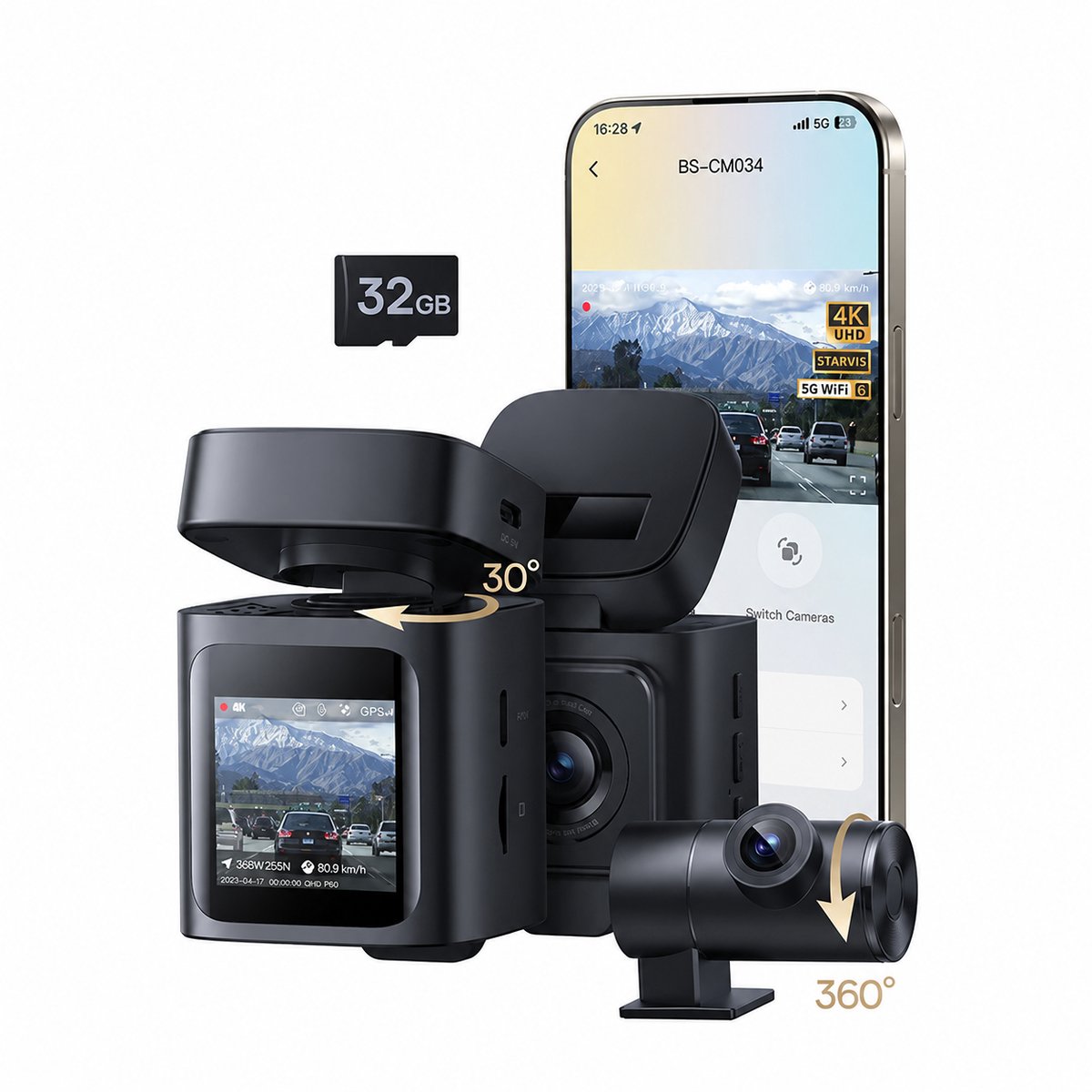 Blinxz.store – 4K Dashcam met SONY STARVIS, voor- en achtercamera, GPS, WiFi 6 en 24 uur parkeerbewaking - Front/Rear dashcam voor auto - Met SD kaart