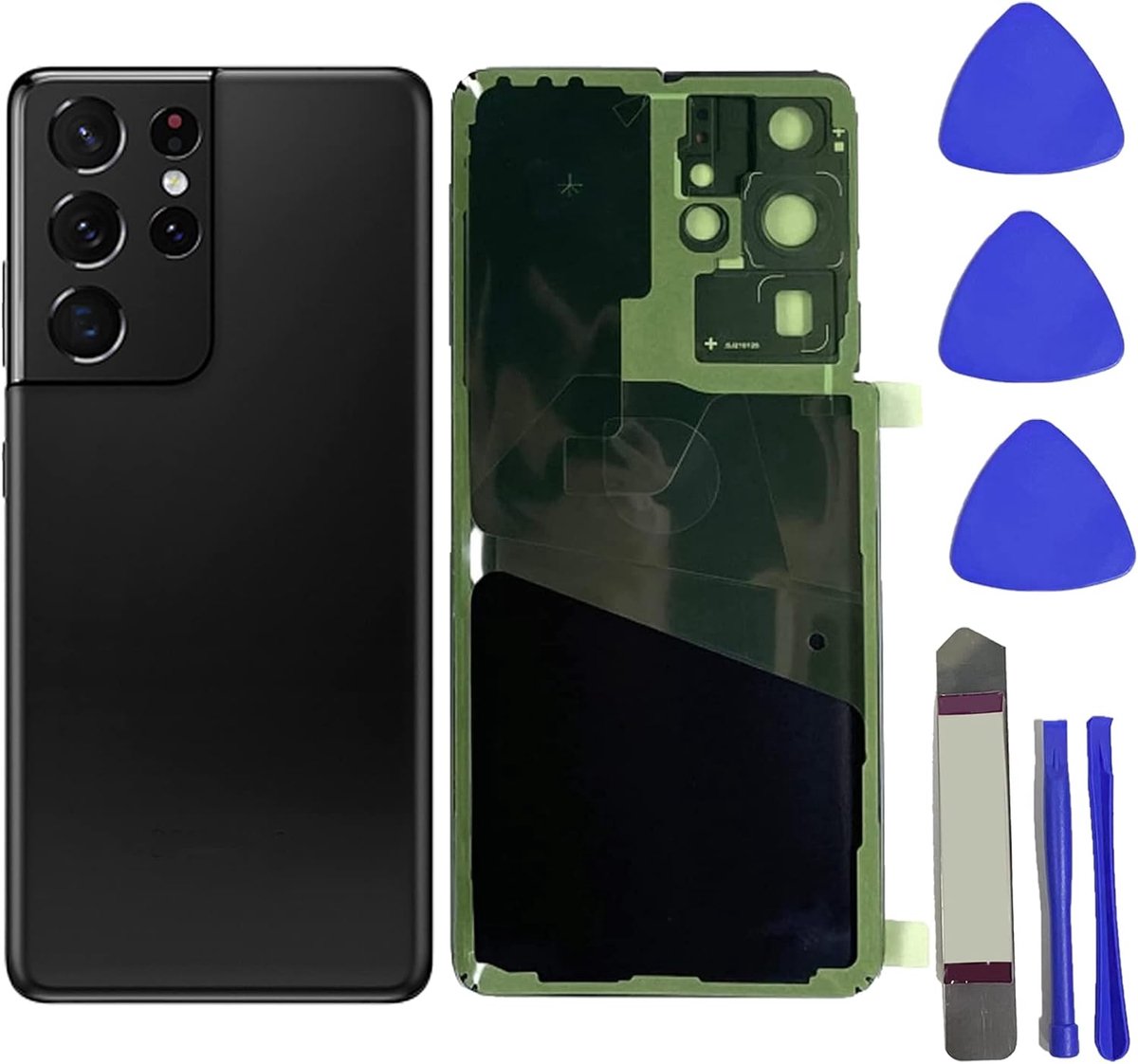Vervangende glazen afdekking voor Samsung Galaxy S21 Ultra 5G G998, met cameraglaslens en voorgeïnstalleerd plakband + gereedschap, Phantom-Zwart