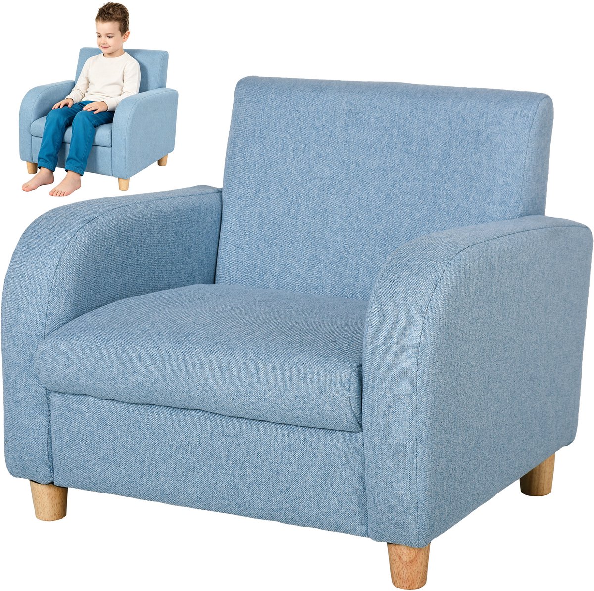 Kinderfauteuil Blauw - Linnen Look met Houten Poten - 49x45x44 cm - Kinderbankje voor Kinderkamer en Speelkamer (3-5 jaar)
