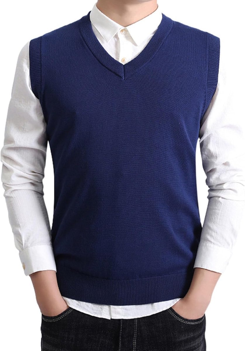 Herfst En Winter Herenfleece Truivest, Heren Casual Gebreid Vest Met V-Hals Geïntegreerde Fleece Basisjas Pullover Trui, Klassiek Zakelijk Heren Gebreide Trui Tanktops, Marineblauw, S